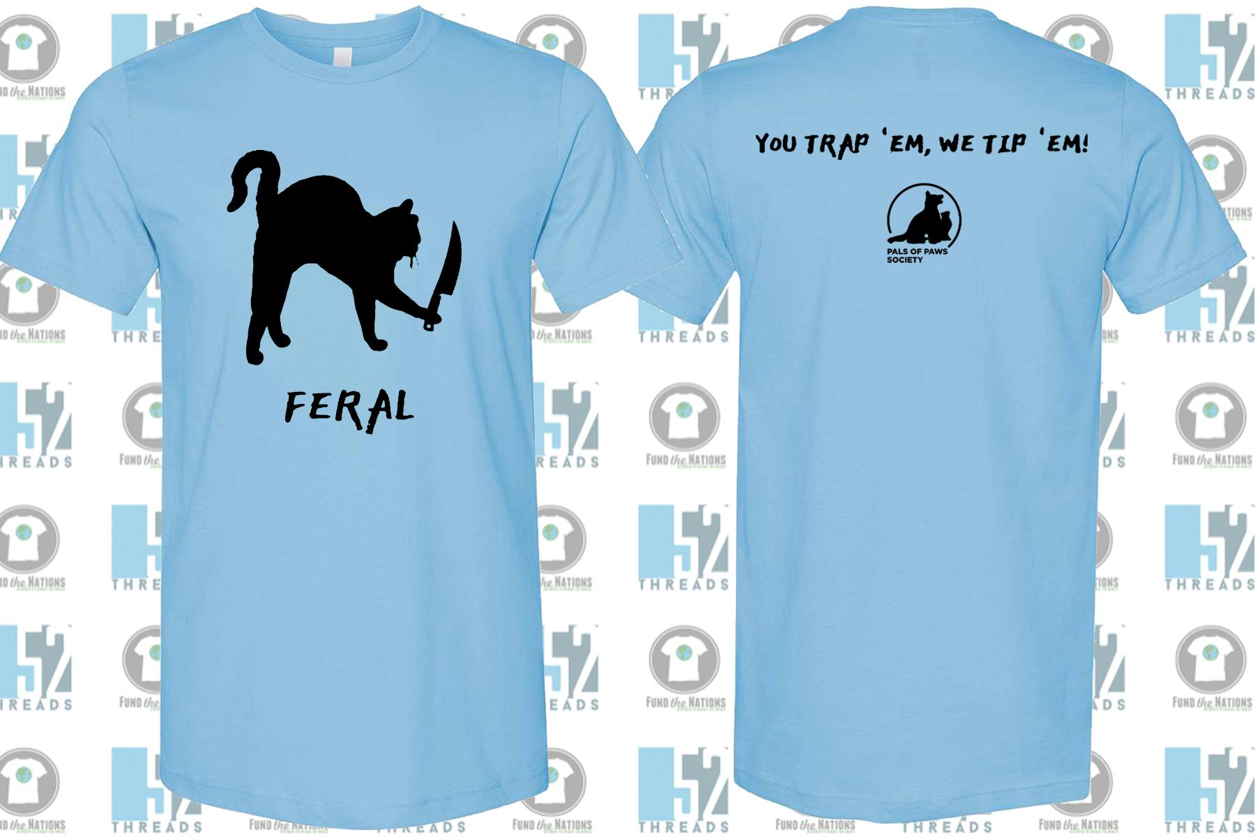 A Ocean Blue colored shirt with the word feral and a silhouette of an angry cat with a knife